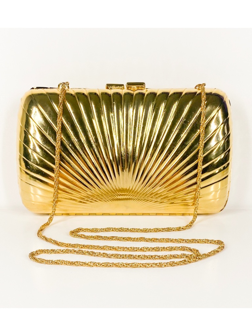 Aspects Hong Kong Gold Tone Metal Minaudiere with Sunburst Vintage 70s 80s